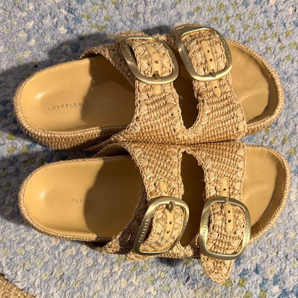 Loeffler Randall Beige Woven Slides with Gold Buckles